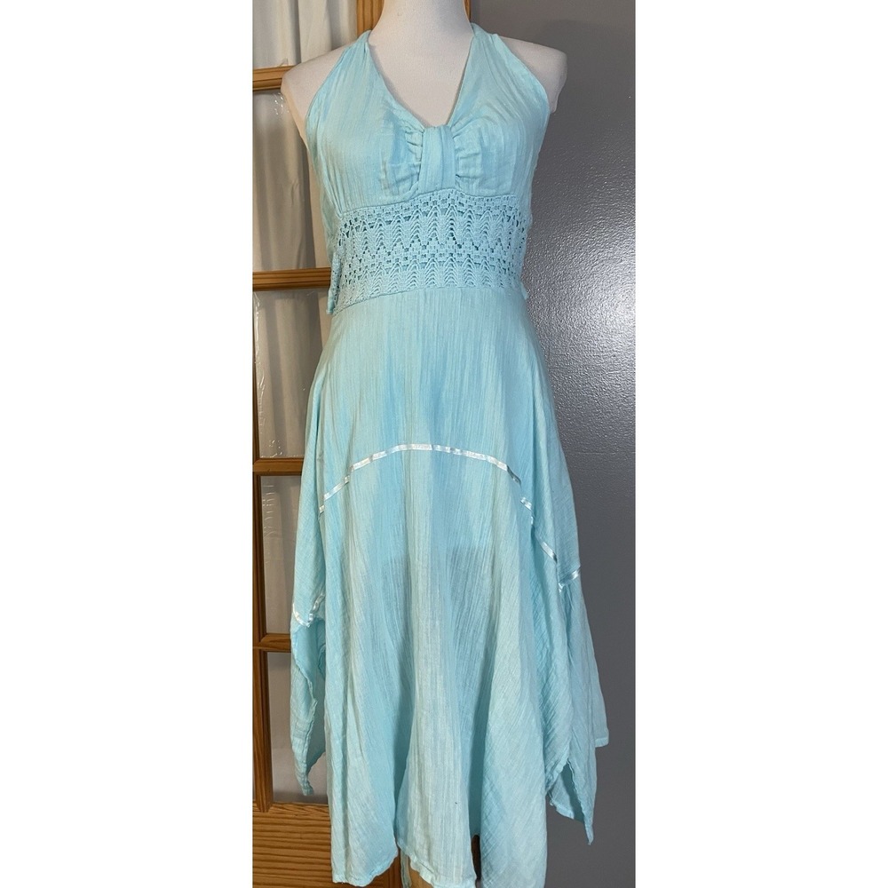 Halter Neck Handkerchief Hem Dress Sz M Lace Trim Blue Crinkled Rayon Lagenlook